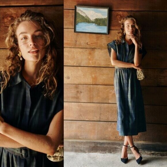 Tuckernuck NEW Blackwatch Chloe Plaid Navy Green Classic Midi Dress Size M - Picture 3 of 12